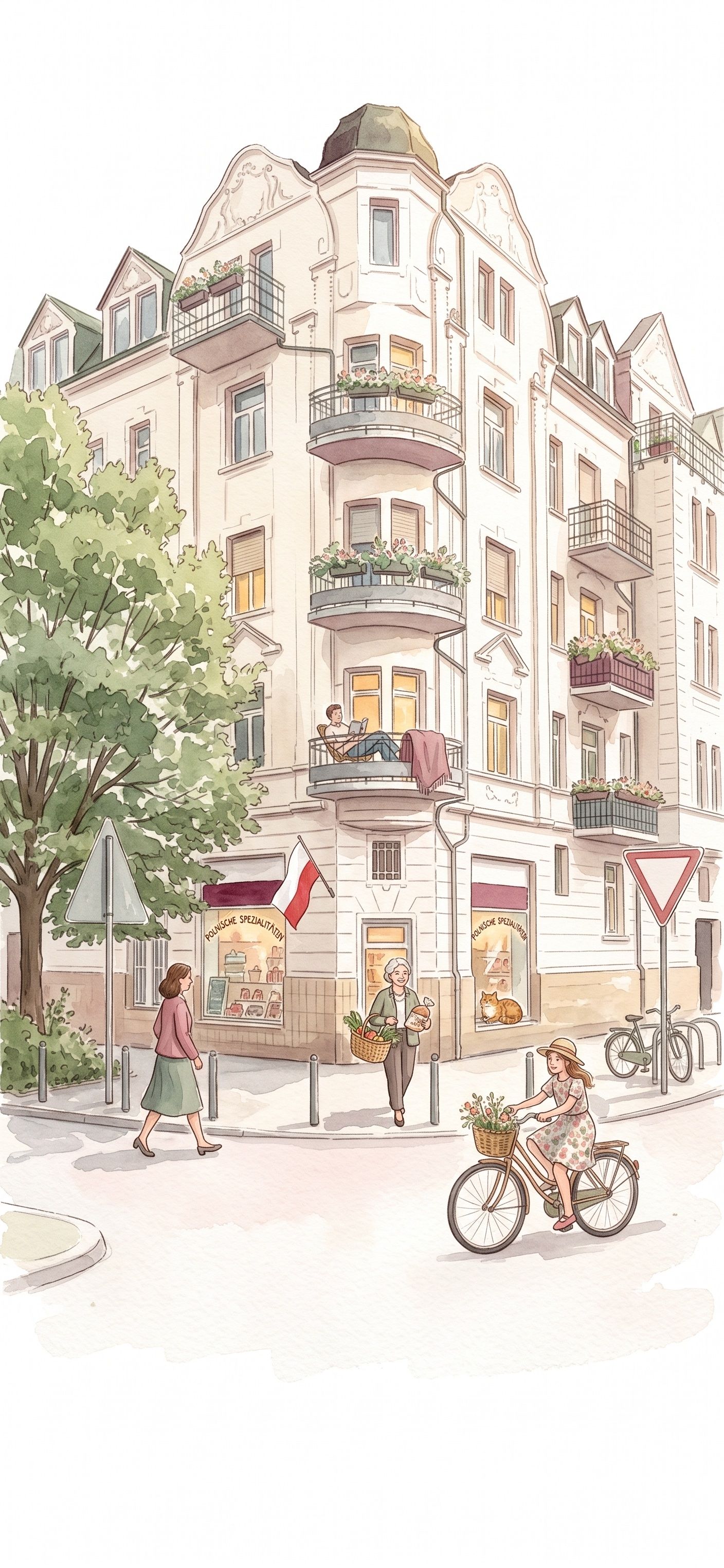 Aquarell-Illustration des Smakosz Polski Sklep an der Blücherstraße in Wiesbaden — Gründerzeit-Fassade mit polnischer Flagge, Nachbarschaft im Westend