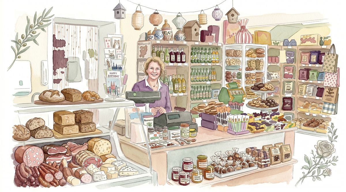 Aquarell-Porträt von Joanna Wasiuk hinter der Theke ihres Smakosz Polski Sklep, umgeben von Brot, Wurst, Kuchen, Säften und polnischen Spezialitäten