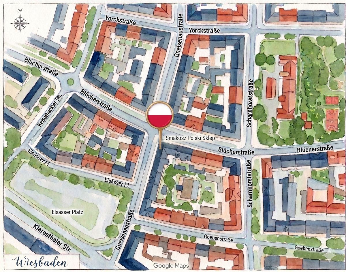 Aquarell-Karte des Westend in Wiesbaden mit Smakosz Polski Sklep an der Blücherstraße 40, markiert mit polnischer Flagge