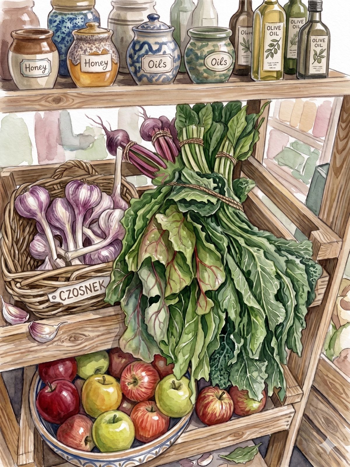 Aquarell-Stillleben aus dem Smakosz: Honiggläser, Olivenöle, Knoblauchkorb mit Aufschrift Czosnek, frischer Mangold und Äpfel auf einem polnischen Holzregal